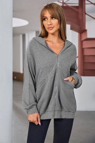 Shop Pocketed Zip Up Dropped Shoulder Hooded Jacket Now On Klozey Store - Trendy U.S. Premium Women Apparel & Accessories And Be Up-To-Fashion!