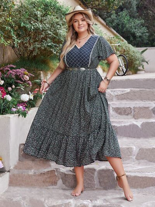 Shop Plus Size Printed V-Neck Flutter Sleeve Midi Dress Now On Klozey Store - Trendy U.S. Premium Women Apparel & Accessories And Be Up-To-Fashion!