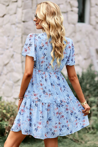 Shop Floral Notched Flutter Sleeve Mini Dress Now On Klozey Store - Trendy U.S. Premium Women Apparel & Accessories And Be Up-To-Fashion!