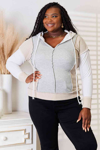 Shop Double Take Color Block Exposed Seam Drawstring Hoodie Now On Klozey Store - Trendy U.S. Premium Women Apparel & Accessories And Be Up-To-Fashion!