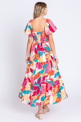Shop GeeGee Full Size Printed Smocked Back Tiered Maxi Dress Now On Klozey Store - Trendy U.S. Premium Women Apparel & Accessories And Be Up-To-Fashion!