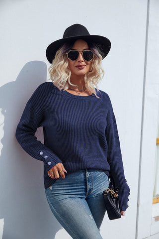 Shop Round Neck Long Sleeve Waffle-Knit Sweater Now On Klozey Store - Trendy U.S. Premium Women Apparel & Accessories And Be Up-To-Fashion!