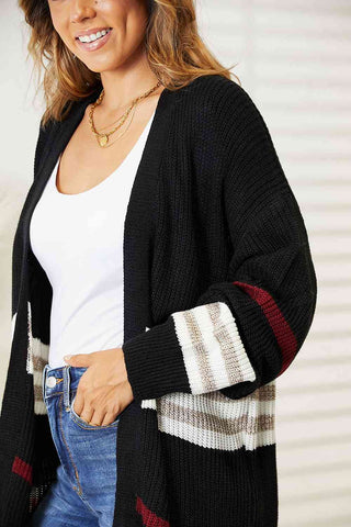 Shop Double Take Striped Rib-Knit Drop Shoulder Open Front Cardigan Now On Klozey Store - Trendy U.S. Premium Women Apparel & Accessories And Be Up-To-Fashion!