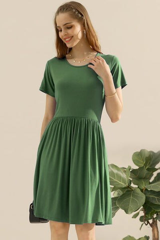 Shop Ninexis Full Size Round Neck Ruched Dress with Pockets Now On Klozey Store - Trendy U.S. Premium Women Apparel & Accessories And Be Up-To-Fashion!