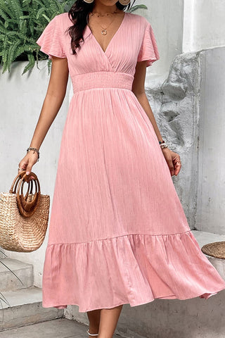 Shop Surplice Neck Smocked Waist Flutter Sleeve Dress Now On Klozey Store - Trendy U.S. Premium Women Apparel & Accessories And Be Up-To-Fashion!