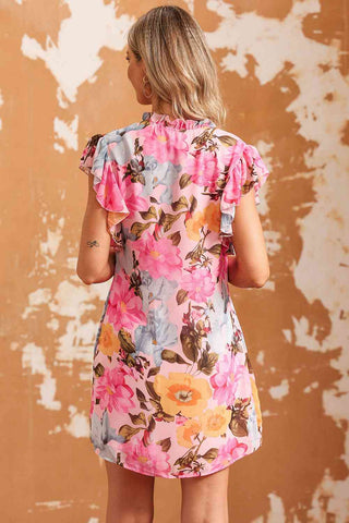 Shop Floral Tie Neck Flutter Sleeve Dress Now On Klozey Store - Trendy U.S. Premium Women Apparel & Accessories And Be Up-To-Fashion!