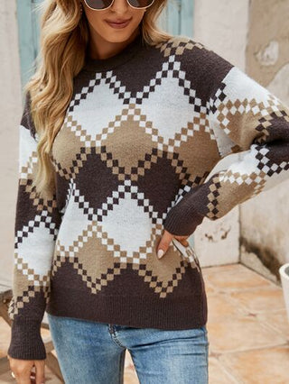Shop Plaid Round Neck Dropper Shoulder Sweater Now On Klozey Store - Trendy U.S. Premium Women Apparel & Accessories And Be Up-To-Fashion!
