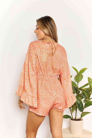 Shop Double Take Printed Flare Sleeve Surplice Romper Now On Klozey Store - Trendy U.S. Premium Women Apparel & Accessories And Be Up-To-Fashion!
