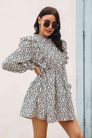 Shop Printed Ruffle Trim Smocked Long Sleeve Mini Dress Now On Klozey Store - Trendy U.S. Premium Women Apparel & Accessories And Be Up-To-Fashion!