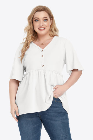 Shop Plus Size Buttoned V-Neck Frill Trim Babydoll Blouse Now On Klozey Store - Trendy U.S. Premium Women Apparel & Accessories And Be Up-To-Fashion!