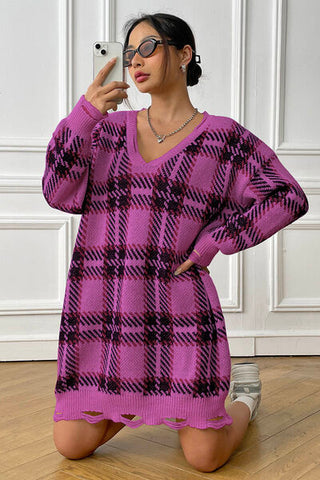 Shop Plaid V-Neck Long Sleeve Sweater Dress Now On Klozey Store - Trendy U.S. Premium Women Apparel & Accessories And Be Up-To-Fashion!