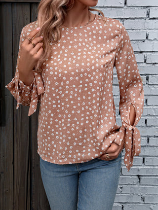Shop Printed Round Neck Tie Cuff Blouse Now On Klozey Store - Trendy U.S. Premium Women Apparel & Accessories And Be Up-To-Fashion!