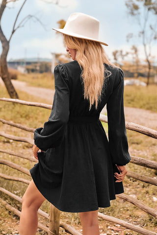 Shop V-Neck Long Sleeve Smocked Waist Mini Dress Now On Klozey Store - Trendy U.S. Premium Women Apparel & Accessories And Be Up-To-Fashion!
