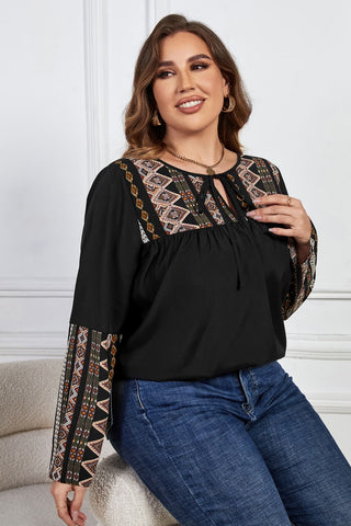 Shop Plus Size Printed Round Neck Tie Front Blouse Now On Klozey Store - Trendy U.S. Premium Women Apparel & Accessories And Be Up-To-Fashion!