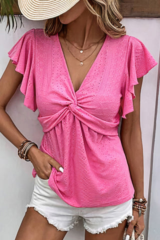 Shop Eyelet Twisted V-Neck Flutter Sleeve Blouse Now On Klozey Store - Trendy U.S. Premium Women Apparel & Accessories And Be Up-To-Fashion!