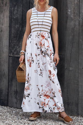 Shop Striped Floral Round Neck Sleeveless Maxi Dress Now On Klozey Store - Trendy U.S. Premium Women Apparel & Accessories And Be Up-To-Fashion!