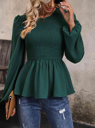 Shop Round Neck Smocked Balloon Sleeve Top Now On Klozey Store - Trendy U.S. Premium Women Apparel & Accessories And Be Up-To-Fashion!