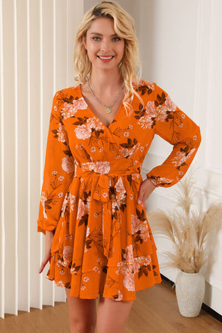 Shop Floral Surplice Layered Tie-Waist Mini Dress Now On Klozey Store - Trendy U.S. Premium Women Apparel & Accessories And Be Up-To-Fashion!