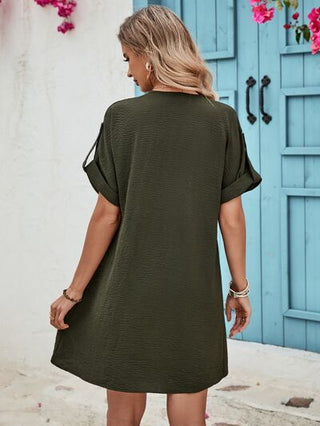 Shop Half Button V-Neck Short Sleeve Dress Now On Klozey Store - Trendy U.S. Premium Women Apparel & Accessories And Be Up-To-Fashion!