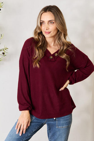 Shop Zenana Buttoned V-Neck Long Sleeve Blouse Now On Klozey Store - Trendy U.S. Premium Women Apparel & Accessories And Be Up-To-Fashion!