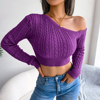 Shop Mixed Knit One-Shoulder Cropped Sweater Now On Klozey Store - Trendy U.S. Premium Women Apparel & Accessories And Be Up-To-Fashion!
