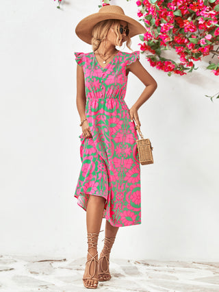 Shop Floral V-Neck Cap Sleeve Dress Now On Klozey Store - Trendy U.S. Premium Women Apparel & Accessories And Be Up-To-Fashion!