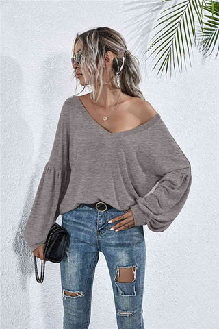 Shop V-Neck Long Sleeve Dropped Shoulder Knit Top Now On Klozey Store - Trendy U.S. Premium Women Apparel & Accessories And Be Up-To-Fashion!