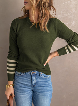 Shop Striped Round Neck Long Sleeve Knit Top Now On Klozey Store - Trendy U.S. Premium Women Apparel & Accessories And Be Up-To-Fashion!