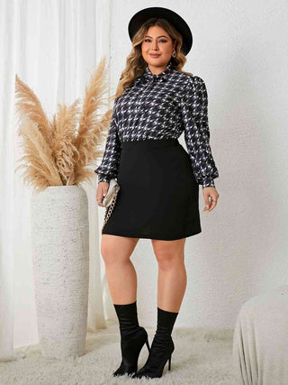 Shop Plus Size Tie Neck Long Sleeve Mini Dress Now On Klozey Store - Trendy U.S. Premium Women Apparel & Accessories And Be Up-To-Fashion!