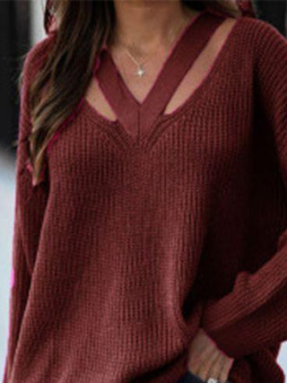 Shop Full Size Cutout V-Neck Rib-Knit Sweater Now On Klozey Store - Trendy U.S. Premium Women Apparel & Accessories And Be Up-To-Fashion!