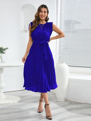 Shop Tied Round Neck Pleated Midi Dress Now On Klozey Store - Trendy U.S. Premium Women Apparel & Accessories And Be Up-To-Fashion!