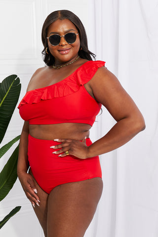 Shop Marina West Swim Seaside Romance Ruffle One-Shoulder Bikini in Red Now On Klozey Store - Trendy U.S. Premium Women Apparel & Accessories And Be Up-To-Fashion!