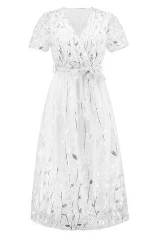 Shop Sequin Leaf Embroidery Tie Front Short Sleeve Dress Now On Klozey Store - Trendy U.S. Premium Women Apparel & Accessories And Be Up-To-Fashion!
