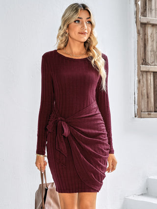 Shop Tied Round Neck Long Sleeve Mini Dress Now On Klozey Store - U.S. Fashion And Be Up-To-Fashion!