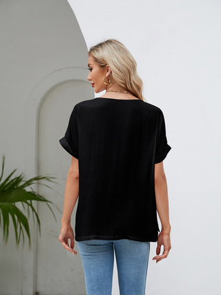 Shop Round Neck Short Sleeve Blouse Now On Klozey Store - Trendy U.S. Premium Women Apparel & Accessories And Be Up-To-Fashion!