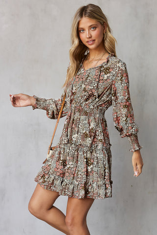 Shop Floral Smocked Tie-Neck Frill Trim Dress Now On Klozey Store - U.S. Fashion And Be Up-To-Fashion!