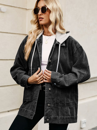 Shop Drawstring Button Down Hooded Denim Jacket Now On Klozey Store - Trendy U.S. Premium Women Apparel & Accessories And Be Up-To-Fashion!