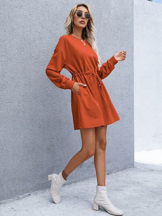 Shop Drawstring Round Neck Dropped Shoulder Mini Dress Now On Klozey Store - Trendy U.S. Premium Women Apparel & Accessories And Be Up-To-Fashion!