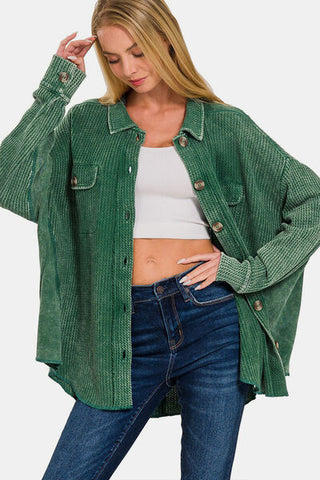 Shop Zenana Button Up Washed Waffle Shacket Now On Klozey Store - Trendy U.S. Premium Women Apparel & Accessories And Be Up-To-Fashion!