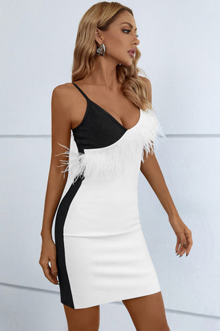 Shop Two-Tone Feather Trim Spaghetti Strap Dress Now On Klozey Store - Trendy U.S. Premium Women Apparel & Accessories And Be Up-To-Fashion!