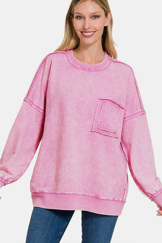 Shop Zenana Exposed Seam Round Neck Dropped Shoulder Sweatshirt Now On Klozey Store - Trendy U.S. Premium Women Apparel & Accessories And Be Up-To-Fashion!