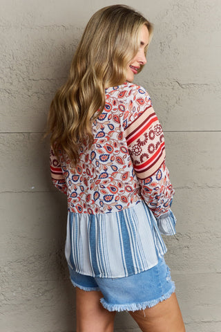 Shop Floral Striped Flounce Sleeve Blouse Now On Klozey Store - Trendy U.S. Premium Women Apparel & Accessories And Be Up-To-Fashion!