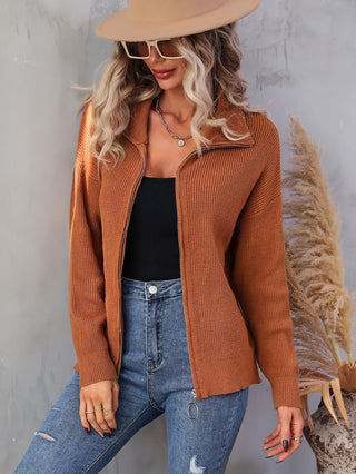 Shop Rib-Knit Zip Up Collared Cardigan Now On Klozey Store - Trendy U.S. Premium Women Apparel & Accessories And Be Up-To-Fashion!