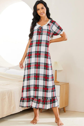 Shop Plaid Lace Trim Ruffle Hem Night Dress Now On Klozey Store - Trendy U.S. Premium Women Apparel & Accessories And Be Up-To-Fashion!