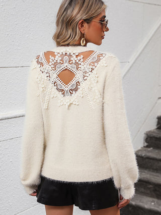 Shop Lace Detail Cutout Long Sleeve Pullover Sweater Now On Klozey Store - Trendy U.S. Premium Women Apparel & Accessories And Be Up-To-Fashion!