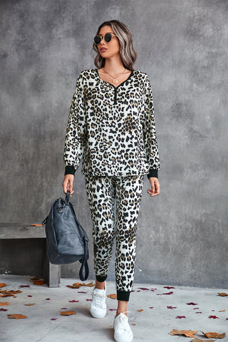 Shop Leopard V-Neck Dropped Shoulder Loungewear Set Now On Klozey Store - U.S. Fashion And Be Up-To-Fashion!
