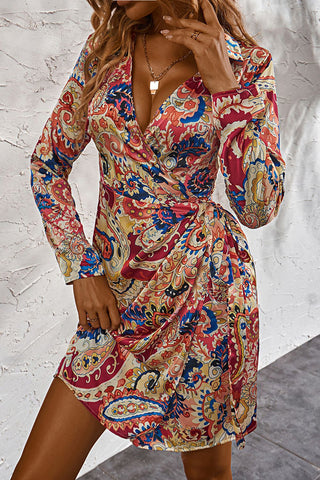 Shop Printed Surplice Neck Long Sleeve Mini Dress Now On Klozey Store - Trendy U.S. Premium Women Apparel & Accessories And Be Up-To-Fashion!