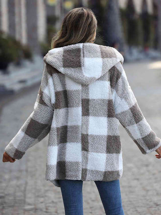 Shop Plaid Open Front Hooded Coat Now On Klozey Store - Trendy U.S. Premium Women Apparel & Accessories And Be Up-To-Fashion!
