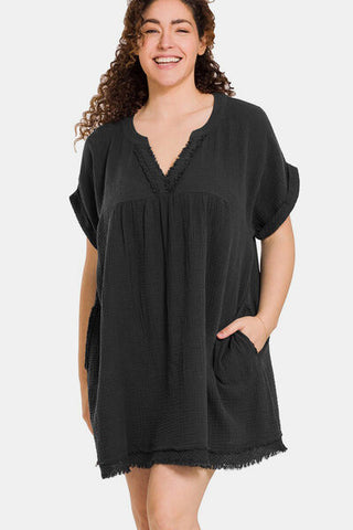 Shop Zenana Full Size Raw Hem Notched Short Sleeve Mini Dress Now On Klozey Store - Trendy U.S. Premium Women Apparel & Accessories And Be Up-To-Fashion!