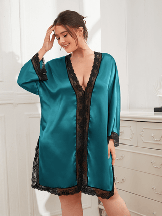 Shop Plus Size Contrast Spliced Lace Deep V Slit Night Dress Now On Klozey Store - Trendy U.S. Premium Women Apparel & Accessories And Be Up-To-Fashion!